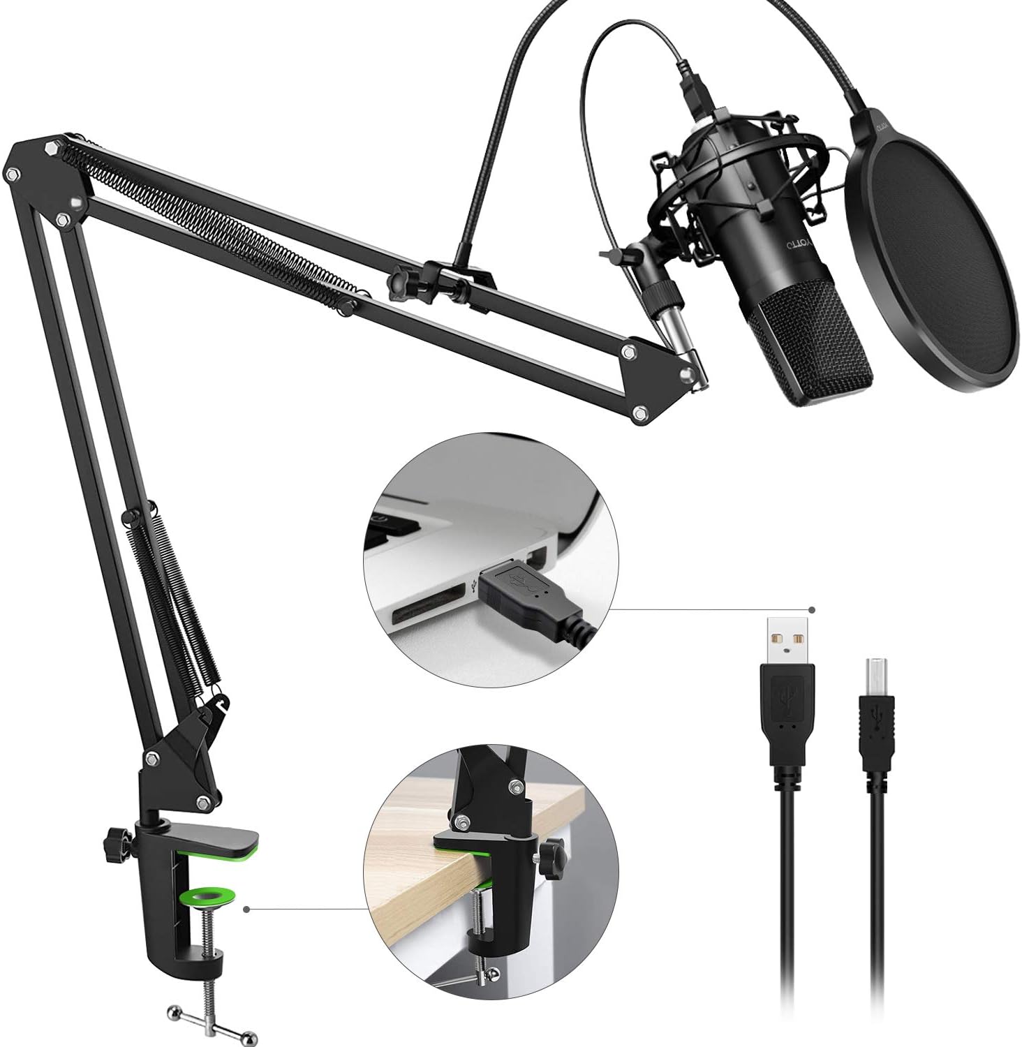 YOTTO USB Microphone Cardioid Condenser Mic 192KHz/24bit Plug and Play Professional Studio Podcast Microphone with Adjustable Microphone Stand Suspension Scissor Boom Arm, Pop Filter, Shock Mount: Home Audio & Theater