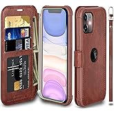 VANAVAGY Compatible for iPhone 11 Wallet Case for Women Men, PU Leather Flip Phone Cover with Wrist Strap for Wireless Charging with RFID Blocking Card Holder Screen Protector, Brown