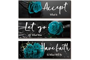 ZINYAZHE 3 Pcs Teal wall decor Inspirational Teal Bathroom Decor Wooden Rose Wall Art Turquoise Office Decoration with Accept Let Go Have Faith Quotes for Girl Women Bedroom 12 x 4 Inches