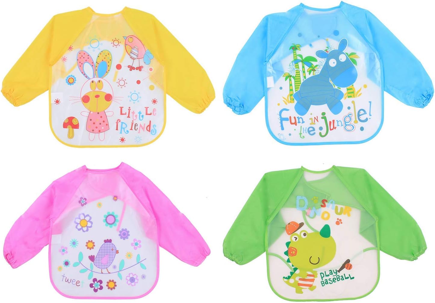 Hoocozi 4 Packs Waterproof Children's Art Smock Baby Waterproof Sleeved Bib Baby Bib Adjustable Fit Waterproof Bibs