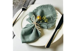 Dololoo Handmade Cloth Napkins with Fringe,18 x 18 Inches Cotton Linen Napkins Set of 4 Versatile Handmade Square Rustic Fringe Napkins for Dinner, Wedding and Parties, Sage Green