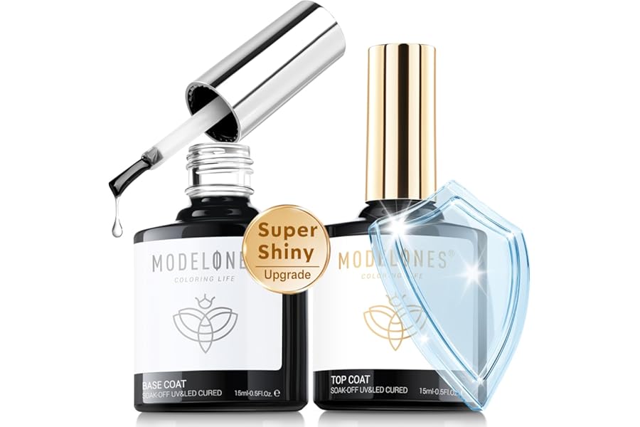 modelones Gel Top Coat, 15 ml 2025 Upgrade Super Shiny Base and Top Coat Set, Soak Off Nail Lamp Acid Free No Wipe Clear Base Top Gel Nail Polish