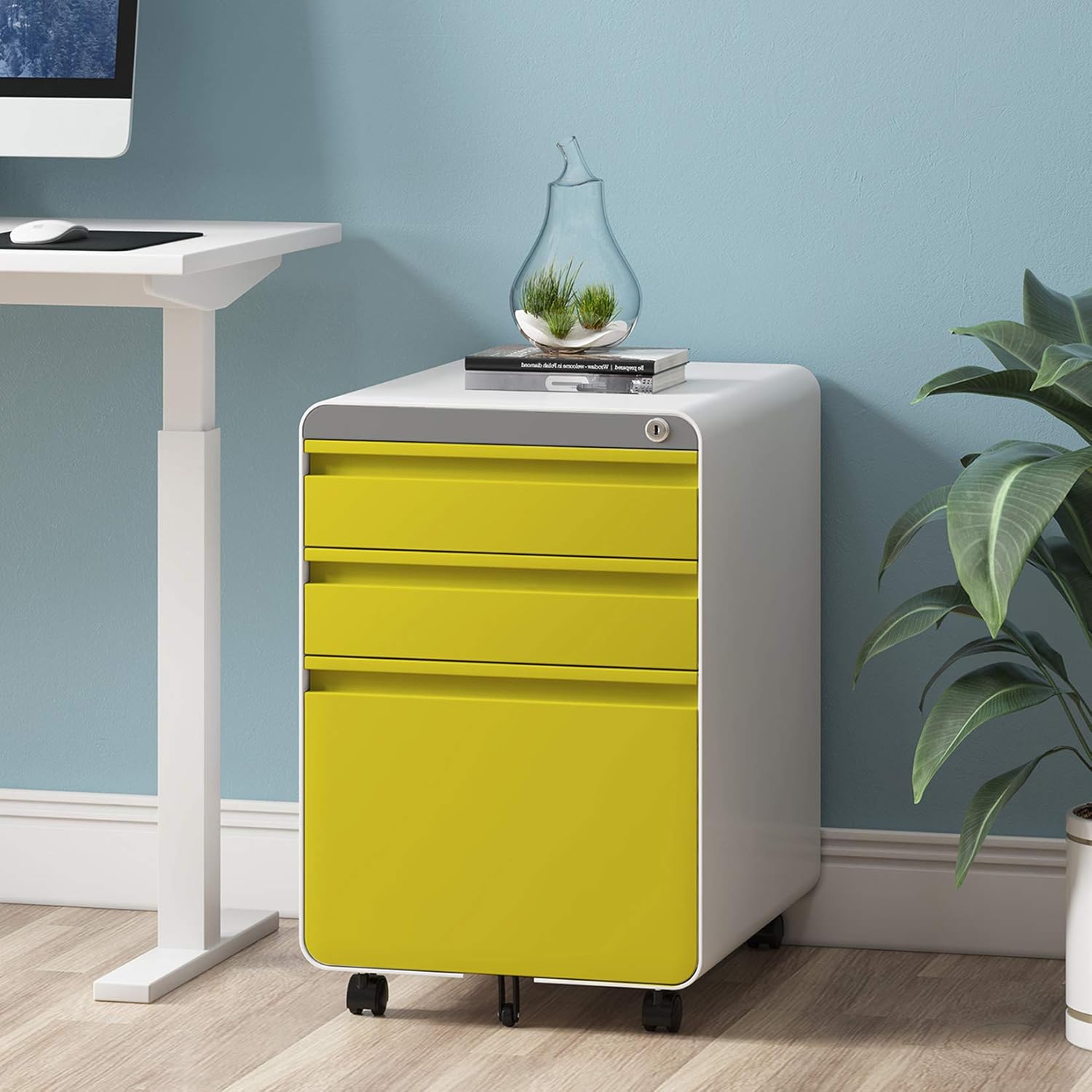 Amazon Com Dprodo 3 Drawers Mobile File Cabinet With Lock Metal Filing Cabinet For Legal Letter Size Fully Assembled Locking File Cabinet For Home Office Yellow Home Kitchen
