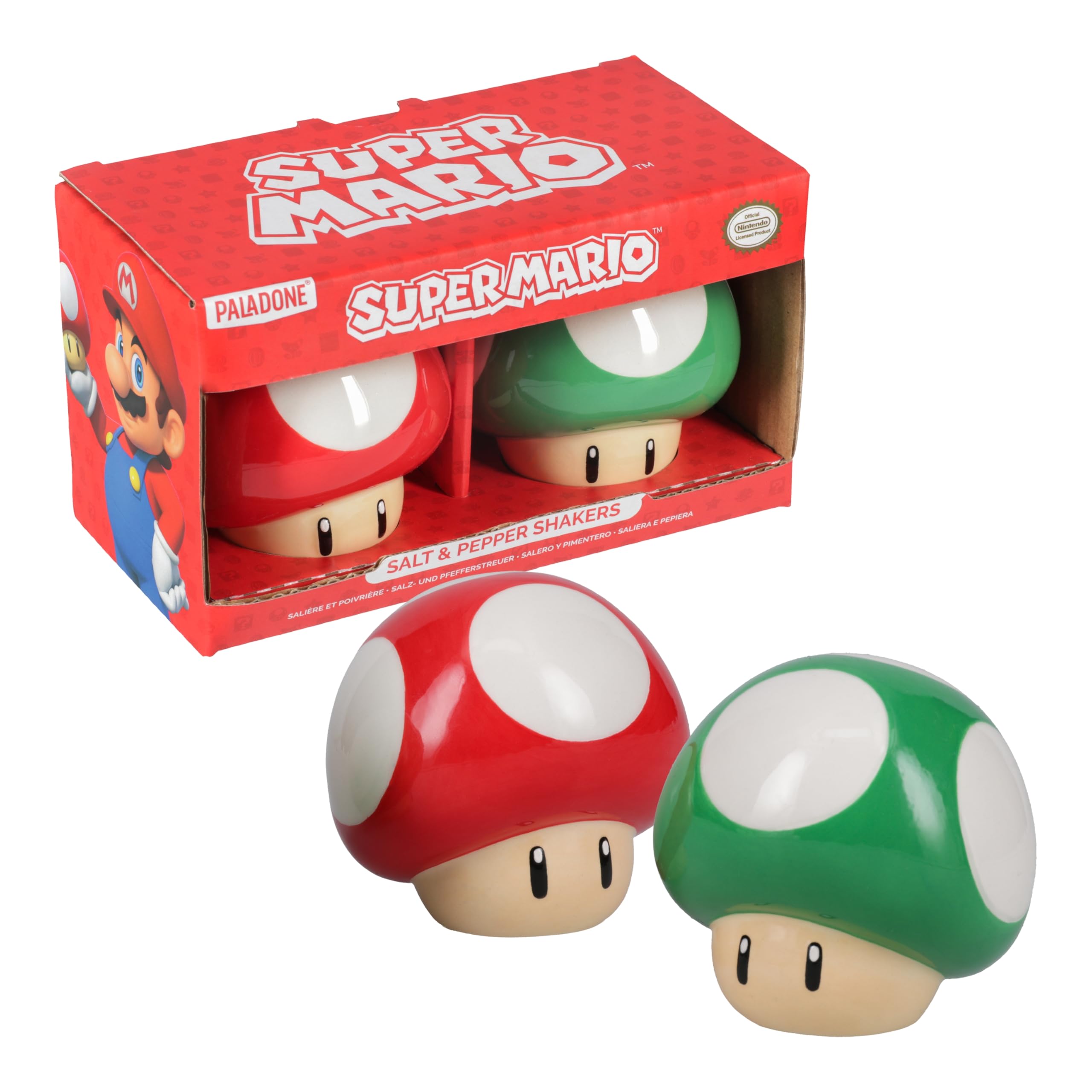 Super Mario Brothers Mushroom Salt and Pepper Shakers Officially Licensed Nintendo Red & Green 1-Up Ceramic Set for Kitchen & Home Decor, Housewarming Gift for Movie and Gaming Fans - Paladone
