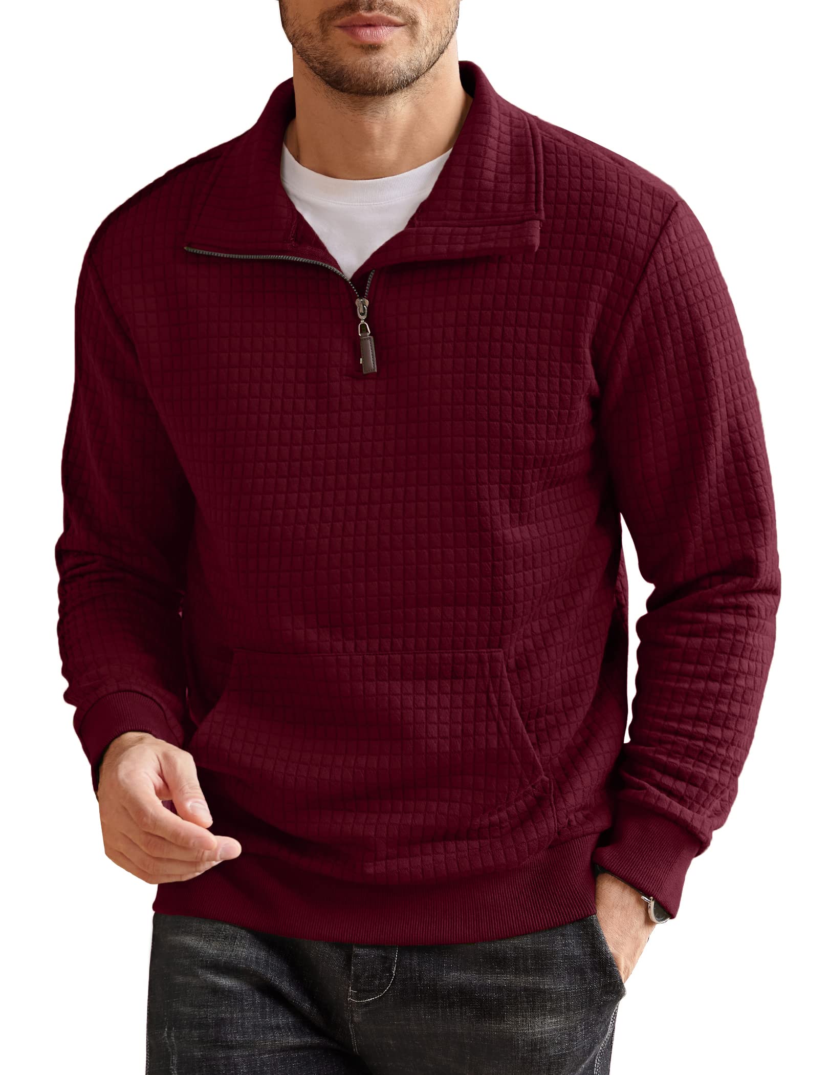 Men's Quarter Zip Sweatshirt Long Sleeve Casual Waffle Knit Pullover with Pocket