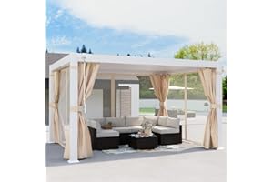 SUNBURY 10'x13' Louvered Pergola, All Aluminum Frame Outdoor Pergola with Adjustable Rainproof Hard Top Curtains & Netting for Patio Garden Backyard (White)