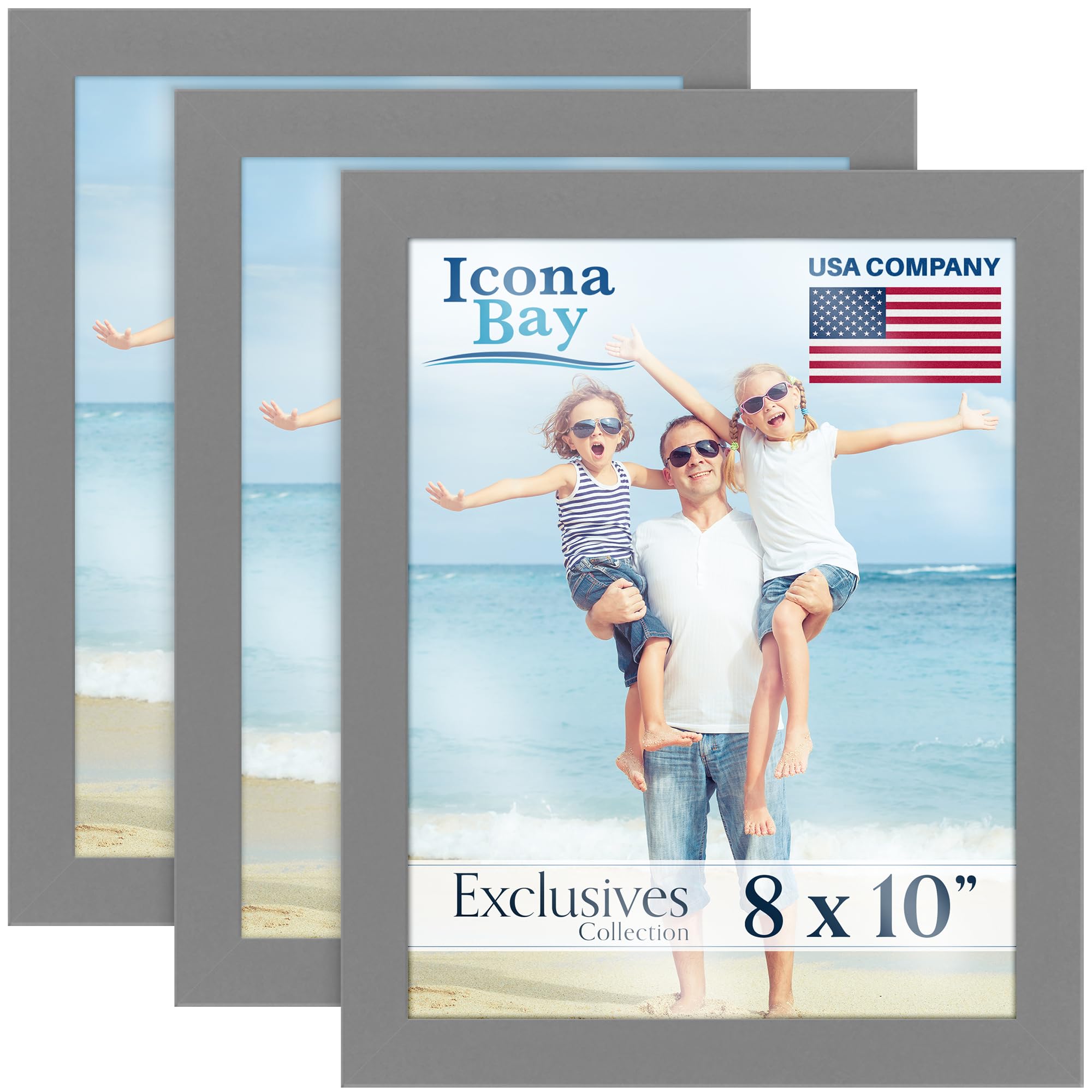 Icona Bay - 10x8 Picture Frames - Grey, 3 Pack - Sturdy Engineered Wood Photo Frames 10 x 8 - Sleek Design, Table Top or Wall Mount - Exclusives Collection