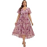 Ever-Pretty Plus Women's V-Neck Short Sleeves Plus Size Wedding Guest Dress Chiffon High-Low Formal Dresses