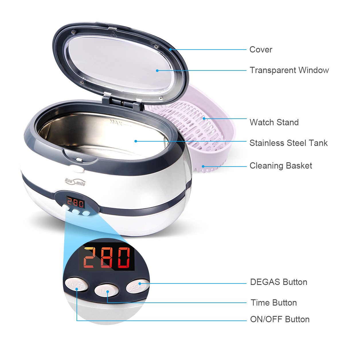 Housmile Ultrasonic Jewelry Cleaner, Glasses Cleaner, Denture Cleaner with Digital Timer and Degas Anti-Oxidation Function for Watch, Glasses, Jewelry