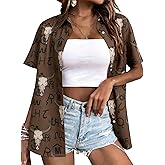 JINTING Western Shirt for Women - Vintage Cowboy Cowgirl Button Down Country Concert Outfits Print Short Sleeve Tops