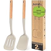 Pack of 2 Silicone Spatula Set with Elegant Wooden Handle, Heat Resistant Solid & Slotted Turner for Non Stick Pans, Great Kitchen Spatulas, Cooking Utensils for Sautéing, Frying and Flipping