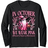 In October We Wear Pink Witch Ghost Pumpkin Breast Cancer Long Sleeve T-Shirt