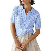 Imily Bela Women's Cable Short Sleeve Sweaters Tops Solid Lapel V Neck Knit Casual Soft Pullover Shirt