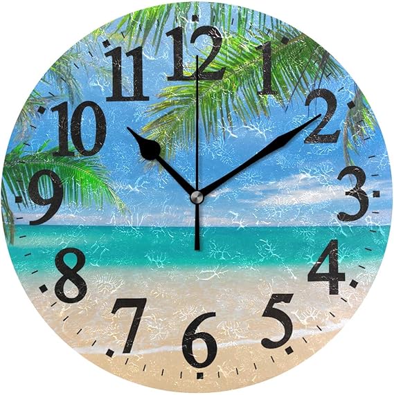 Reloj Redondo Decorativo Tropical Beach Palm Leafs Números PVC Reloj de