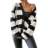 Button Up Cardigans for Women Chunky Knit Striped Long Sleeve Cardigan with Pockets Dressy Casual