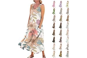FONMA Summer Dress for Women 2024 Plus Size Sundress Floral Crewneck Sleeveless Dress Cotton Linen Beach Dress with Pockets