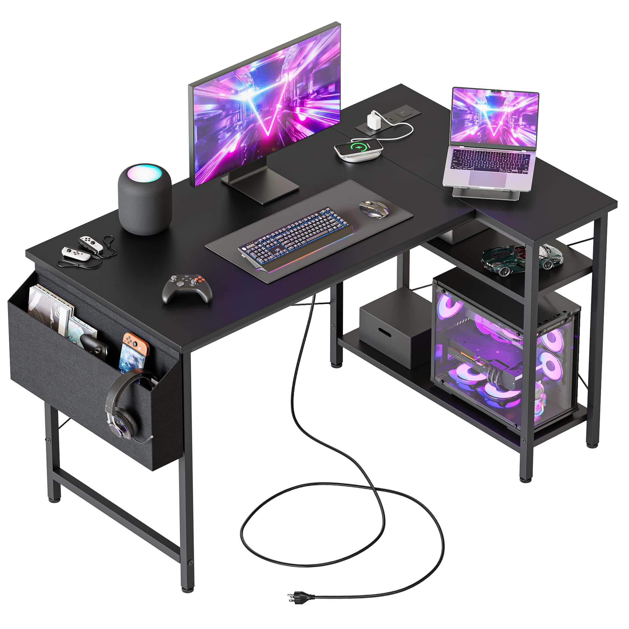 Photo 1 of Mericonia Small L Shaped Computer Desk with Power Outlets, Gaming Desk for Small Spaces, Corner Desk with Reversible Storage Shelves, Study Writing Table for Home Office(Socket, Black, 48 inch)