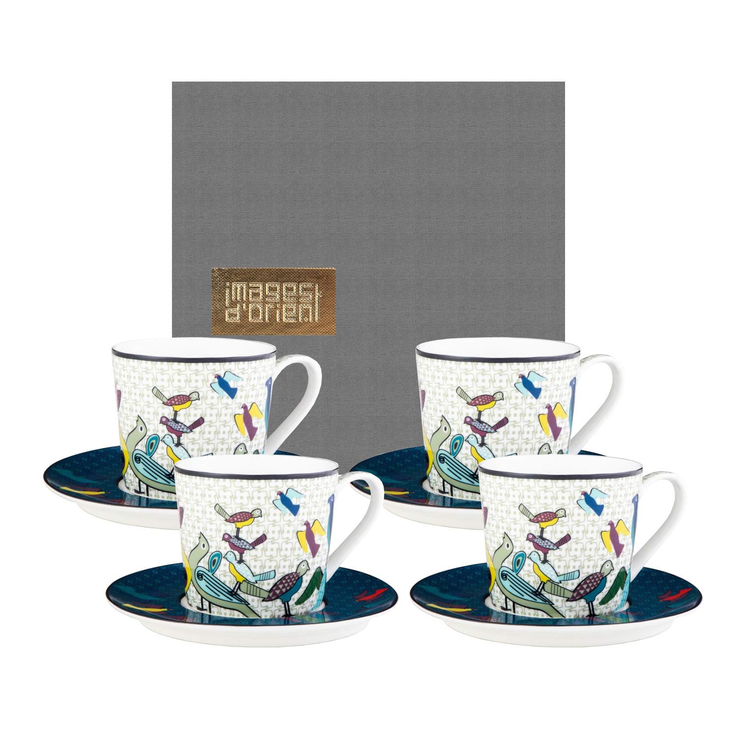 IMAGES D'ORIENT Birds of Paradise Set of 4 Colourful Coffee Cups with Saucers Diameter 8 cm Height 7.5 cm 210 ml Porcelain Oriental Design with Gift Box