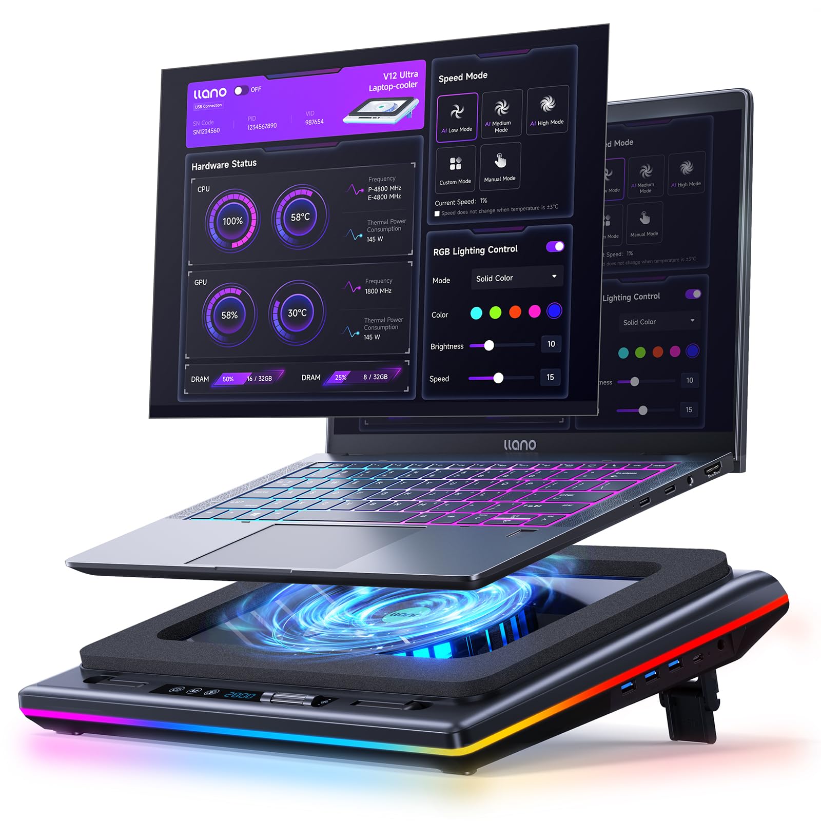 Photo 1 of llano V12 Ultra Laptop Cooling Pad with Smart Software Control, RGB Gaming Laptop Fan Cooler Stand, 5.5" Turbo Fan, Adjustable Speed, 3*USB 3.0 Ports, 3 Height Stands, for 15.6"-19" Laptops, Black