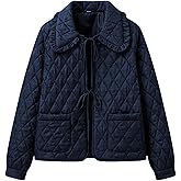Vimida Women's Quilted Lightweight Jackets Long Sleeve Winter Cropped Cotton Padded Coat Jacket Bow Tie Puffy Outwear(Navy-XL)