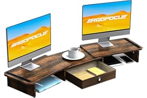 ErgoFocus Dual Monitor Stand Riser with Drawer-Adjustable Length and Angle, Monitor Stand Riser for 2 Monitors, Desktop Organizer Stand for Computer/Laptop/PC/Printer (Rust Brown)