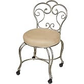 Touch of Class Lunah Gilded Silver Vanity Chair with Rolling Caster Wheels | Elegant Metal Scroll Design, Beige Microsuede Upholstered Cushion, 20" Seat Height, Stylish Makeup &amp; Dressing Table Chair