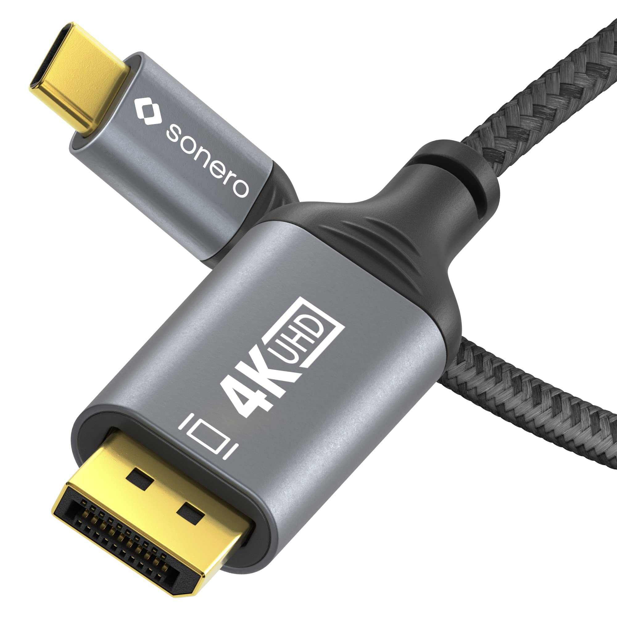 Sonero® 4K USB-C to DisplayPort Cable, DisplayPort Male to USB-C Male, 4K 60Hz, 21.6 GB/s, Cotton Coat, Grey/Black, 2.00 Metres