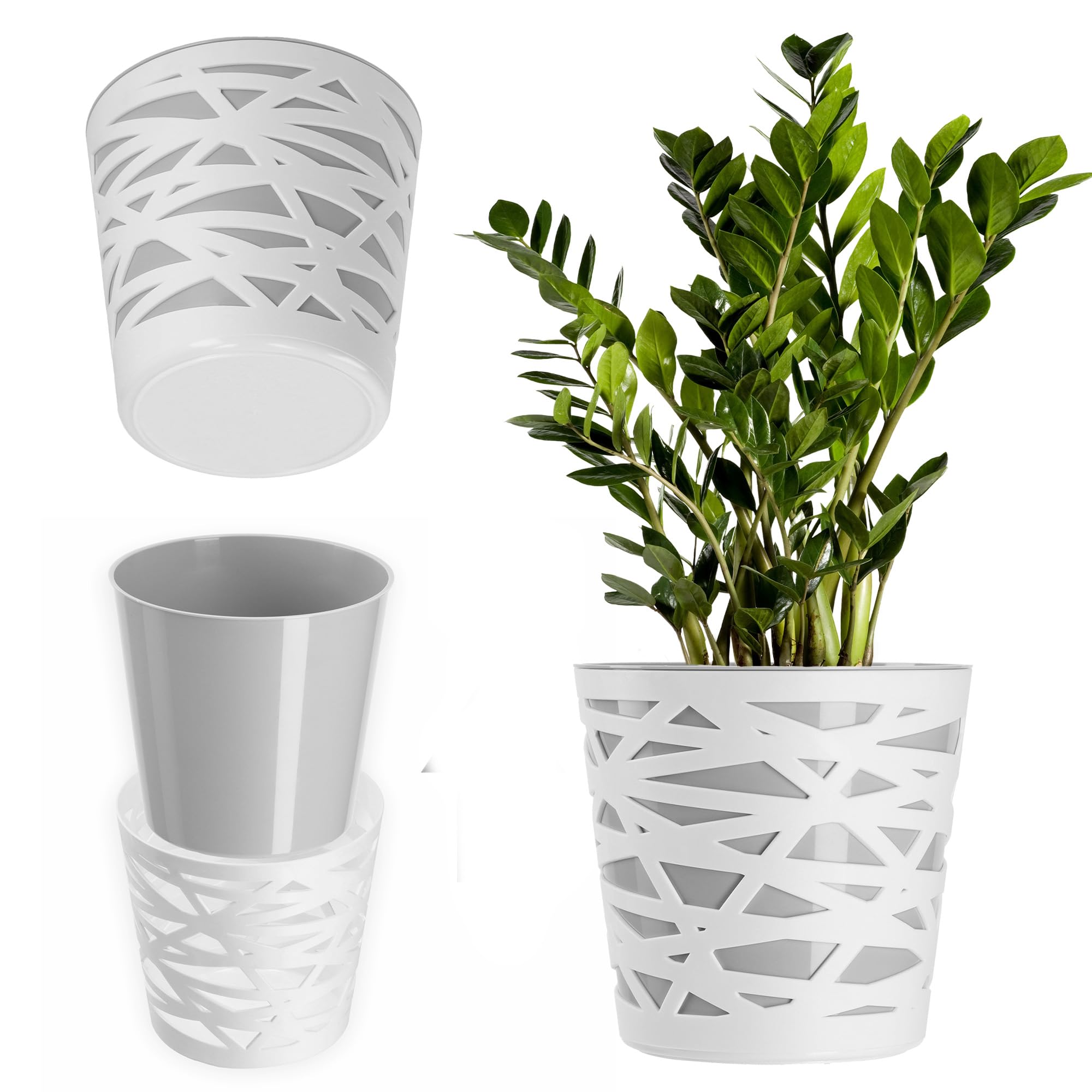 KADAX Round Flower Pot, Lightweight Planter with Unique Design for Living Room, Plastic Indoor Plant Pot for Houseplants, Herbs (⌀ 15 cm, Grey)