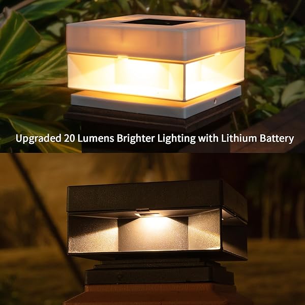 SOLAR POST CAP LIGHTS,50 LUMEM BRIGHTNESS,2 MODES WARM WHITE/BRIGHT WHITE OUTDOOR FENCE POST CAP LIGHT GARDEN DECOR LITHIUM BATTERY POWERED LIGHTING FITS FOR 4X4 5X5 WOODEN POSTS 4X4 5X5 VINYL POSTS