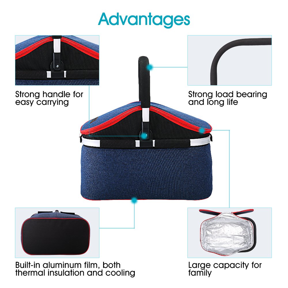 Collapsible Soft Cooler Bag 30L Family Size Insulated Folding Picnic Basket Service for 4 Person’s Food and Drink Keep Hot/Cold/Fresh for Hours Waterproof Insulation Tote With Aluminum Handle-Blue