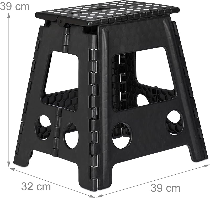 Taburete Plegable, Portátil, Escalón Baño, para Niños o Viajes, Resiste hasta 150 kg, 39 x 39 x 32 cm, Negro