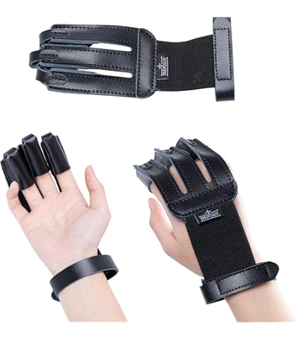Seektop Archery Gloves Shooting Hunting Leather Three Finger Protector For Youth Adult Beginner (Update Black, XL