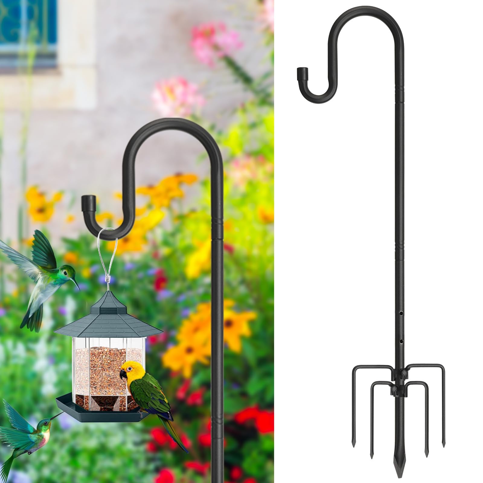 Starbover Bird Feeder Pole, 234cm Shepherds Hooks Heavy Duty 5 Prongs Base, Garden Bird Feeders Hanging Station Metal Adjustable, Hanger Crooks Stand for Lights Lantern Wedding Decoration, Black
