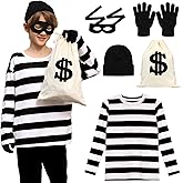 COSPELEY 5 PCS Halloween Kids Bank Robber Costume Set, Include Black and White Striped Shirt for Burglar Thief Cosplay