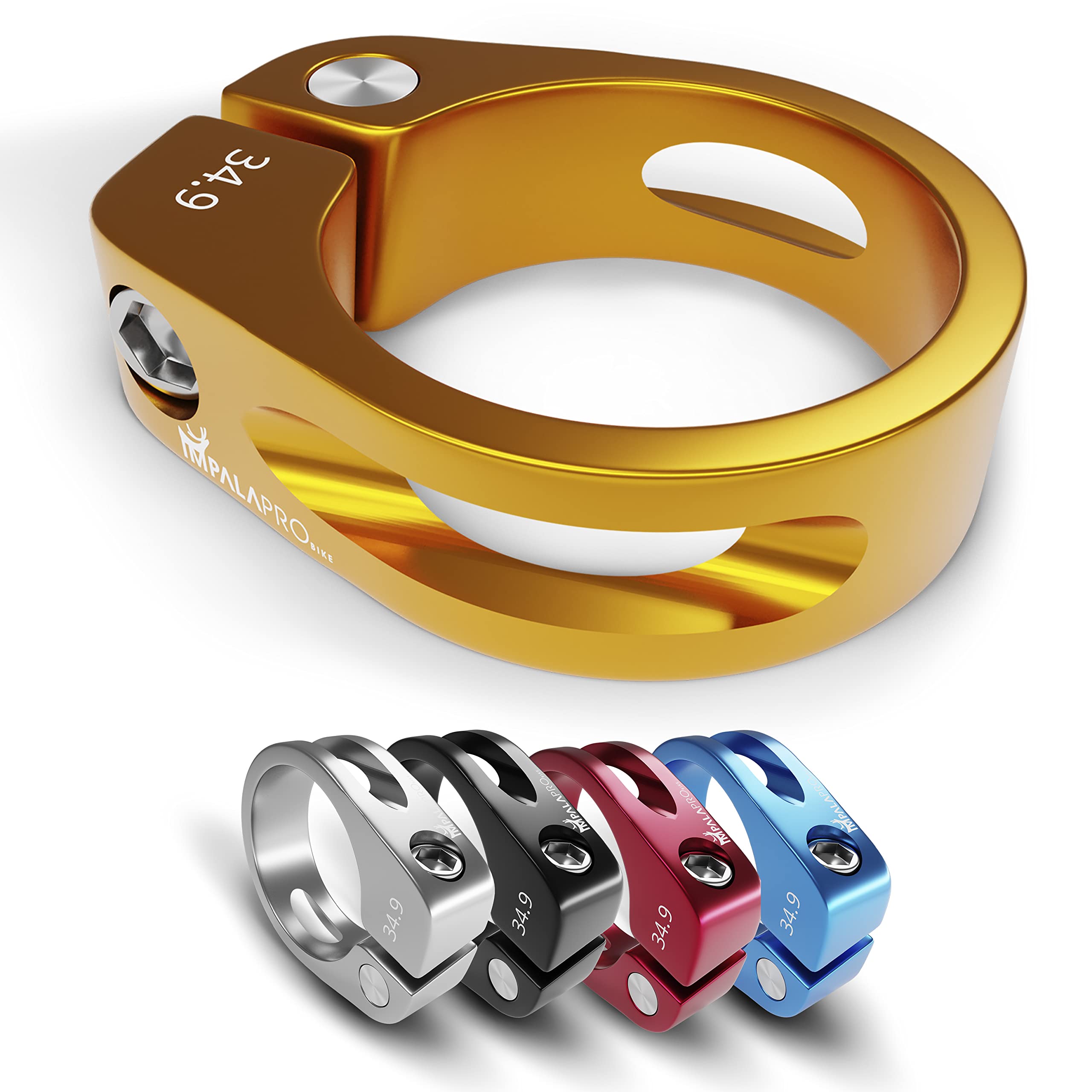 IMPALAPRO Seatpost Clamp 34.9 mm / 31.8 mm – Ultralight 38gCNC 7075 Aluminium Bike Seat Clamp for MTB, Road & Folding Bikes, Anti-Rust Anodised Finish (Gold, 34.9mm)