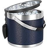 3Quart/3.2L Insulated Stainless Steel Ice Bucket with Lid, Scoop, Leather Design Double Wall Wine Bucket for Cocktail Bar, Parties (Dark Blue)