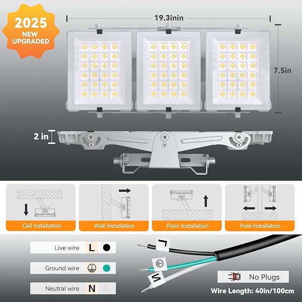 150W 2025 PLUS NEW UPGRADED LED FLOOD LIGHT OUTDOOR, 15000LM SUPER BRIGHT STADIUM LIGHTS, 6000K DAYLIGHT WHITE, IP66 WATERPROOF, 3 HEADS ADJUSTABLE OUTDOOR FLOODLIGHT FOR YARDS, ARENA, GARDEN