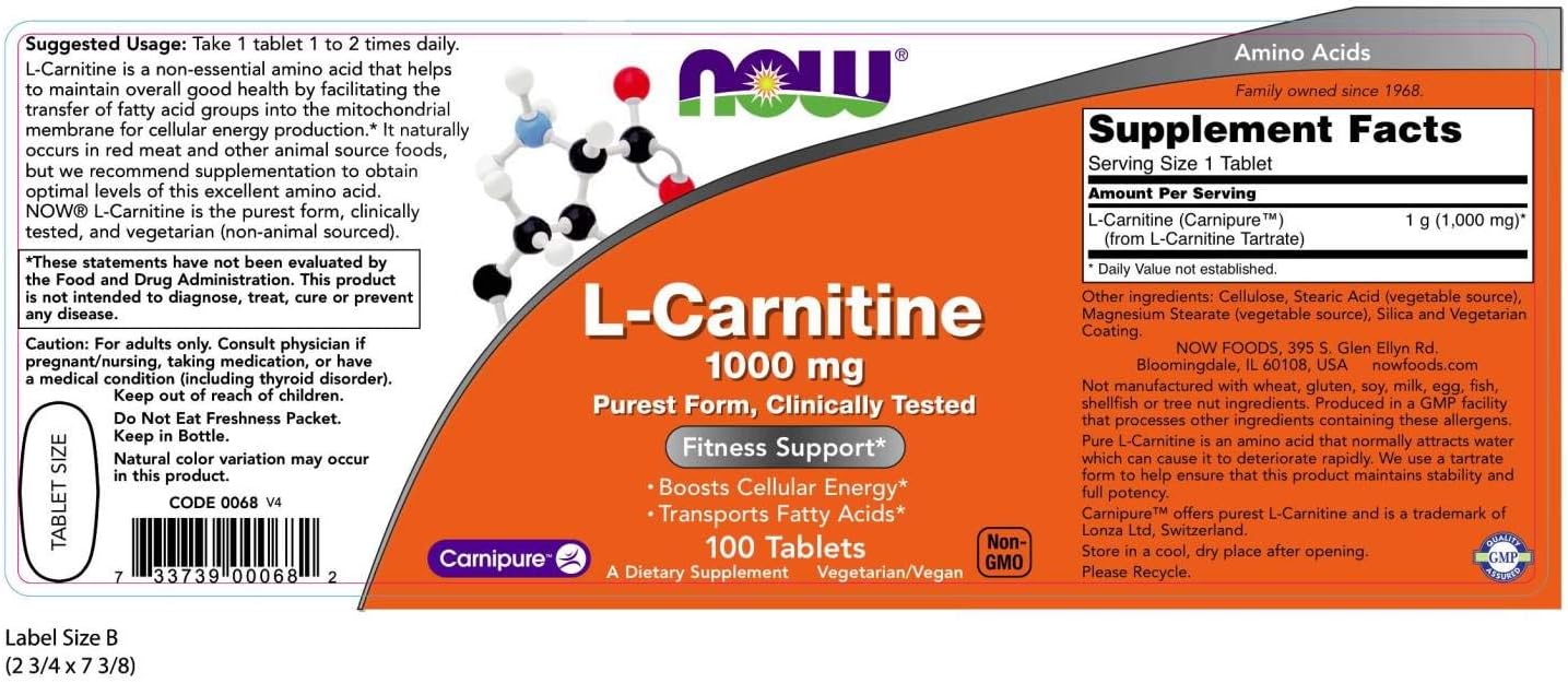 NOW Supplements, L-Carnitine 1,000 mg, Purest Form, Amino Acid, Fitness Support*, 100 Tablets: Health & Personal Care