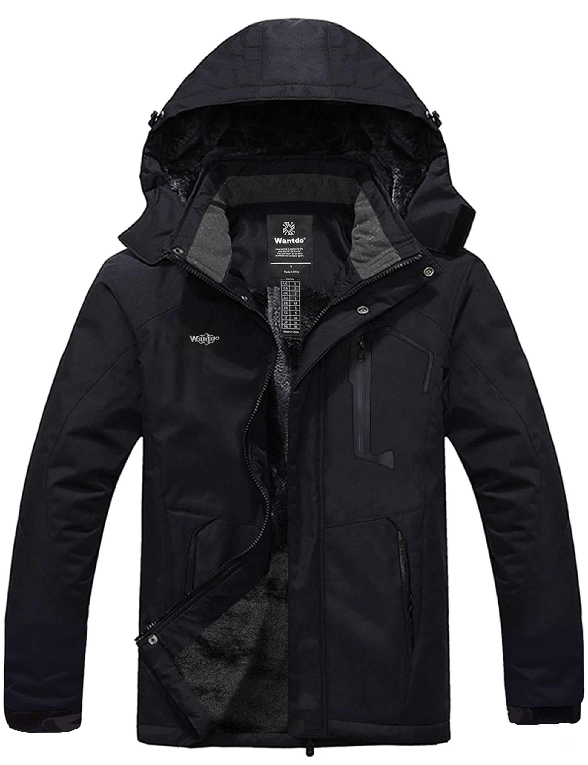 Wantdo Men's Waterproof Mountain Jacket Fleece Windproof Ski Jacket US XL Black XL