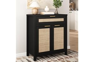 HOKYHOKY Rattan Sideboard Buffet Cabinet, Boho Storage Cabinet with Adjustable Shelf, Farmhouse Credenza Coffee Bar Cabinets 