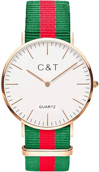 C+T Watch CT-9 reloj de pulsera de oro de la OTAN correa de nylon rojo verde