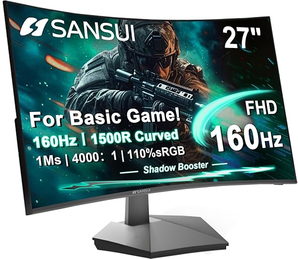 SANSUI 27 INCH CURVED 160HZ GAMING MONITOR, 1500R CURVED COMPUTER GAMING MONITOR FHD 1080P, 4000:1, 110% SRGB, FPS/RTS, 1MS MPRT|FREESYNC|HDR|LOW BLUE LIGHT|HDMI DP| VESA SUPPORT, HDMI CABLE INCL.