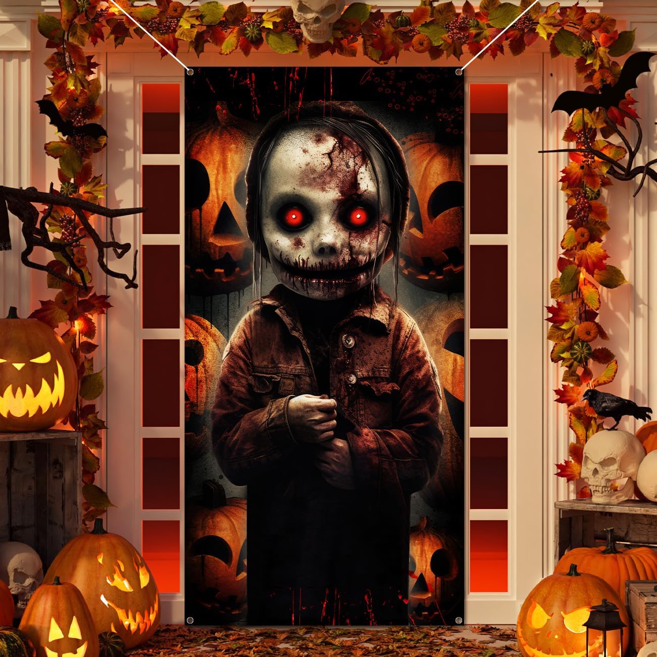 Garage Door Decorations - Halloween Decorations Outdoor Scary Halloween Door Cover with Horror Movie Character Killer for Halloween Birthday Party Supplies Door Banner