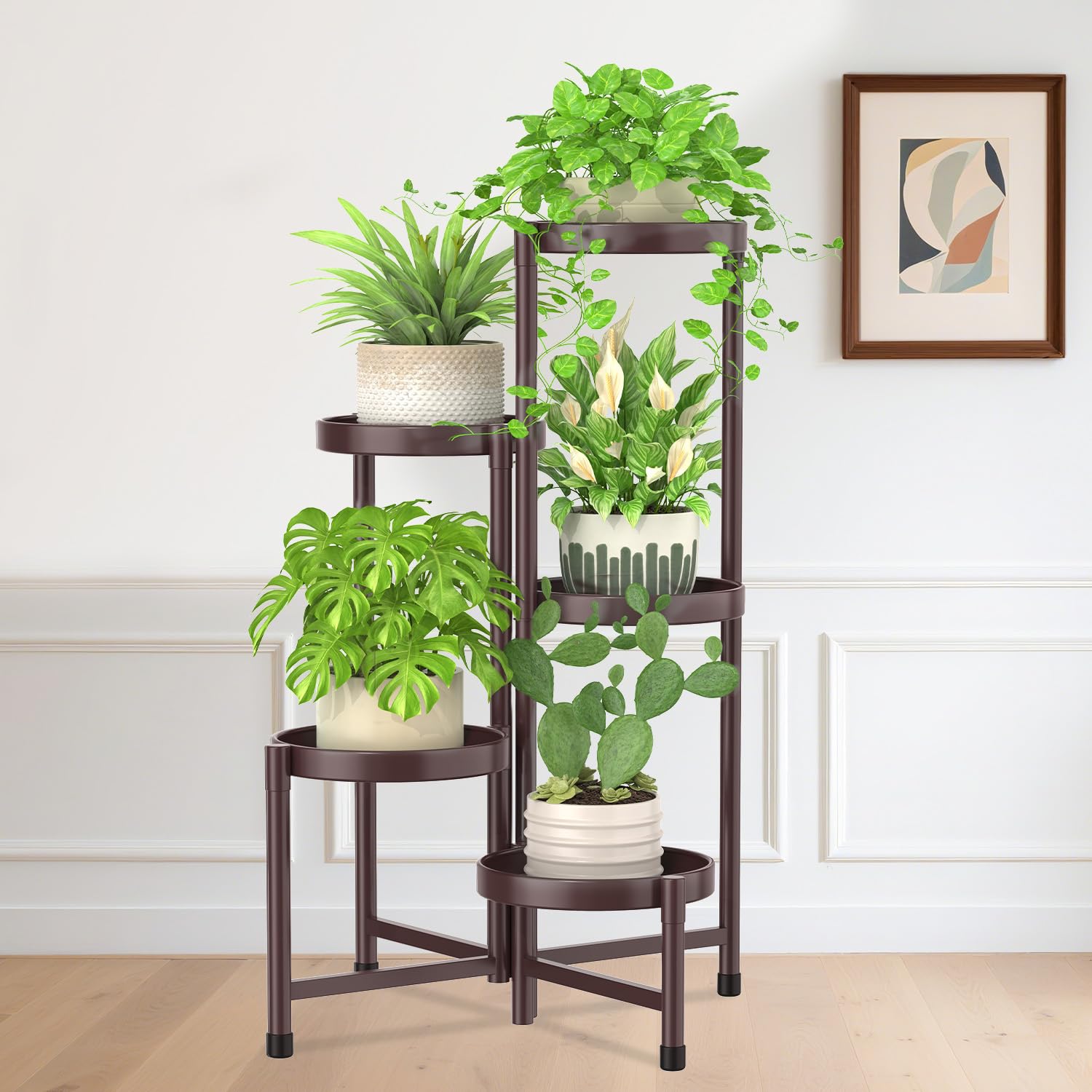 Photo 1 of iDavosic.ly 5 Tier Metal Plant Stand for Indoor Outdoor, Folding Tiered Corner Flower Display Holder Shelf, 31 Inch Tall Orchid Rack for House Patio Balcony Garden Living Room, Violet Bronze