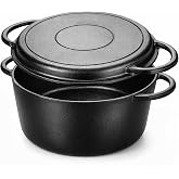 JINCHUFURI 5QT Cast Iron Dutch Oven with Skillet Lid, 2-in-1 Cookware Set | Pre-Seasoned 2-in-1 Dutch Oven and Skillet Set for Bread Baking, Camping, Stovetop, Grill, Oven and Campfire