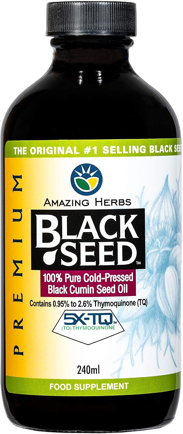 Amazing Herbs Premium High Strength Pure Cold-Pressed Black Cumin Seed Oil (240ml, 8oz Glass Bottle)