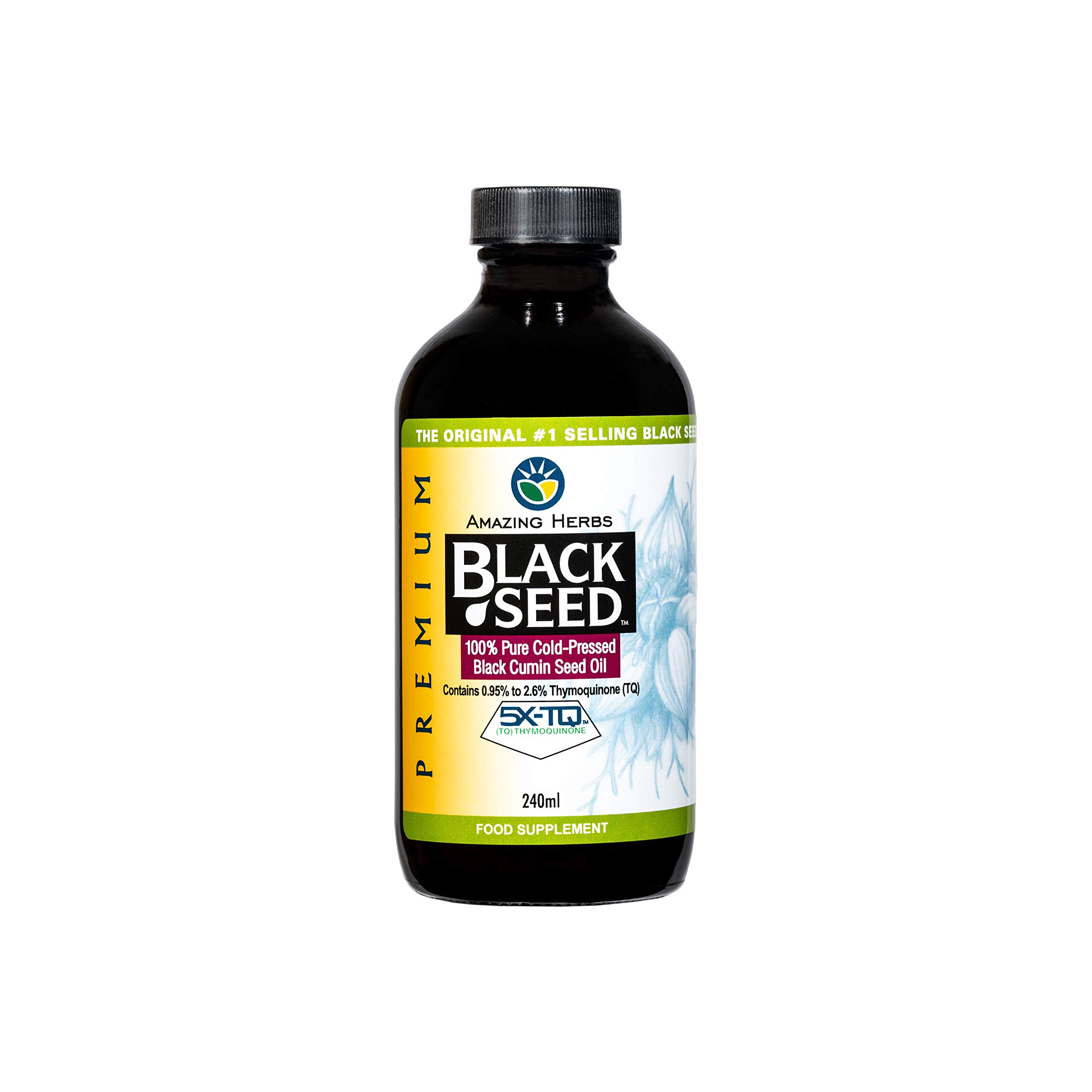 Black Seed Oil - Amazing Herbs Premium High Strength Pure Cold-Pressed Black Cumin Seed Oil (240ml, 8oz Glass Bottle)
