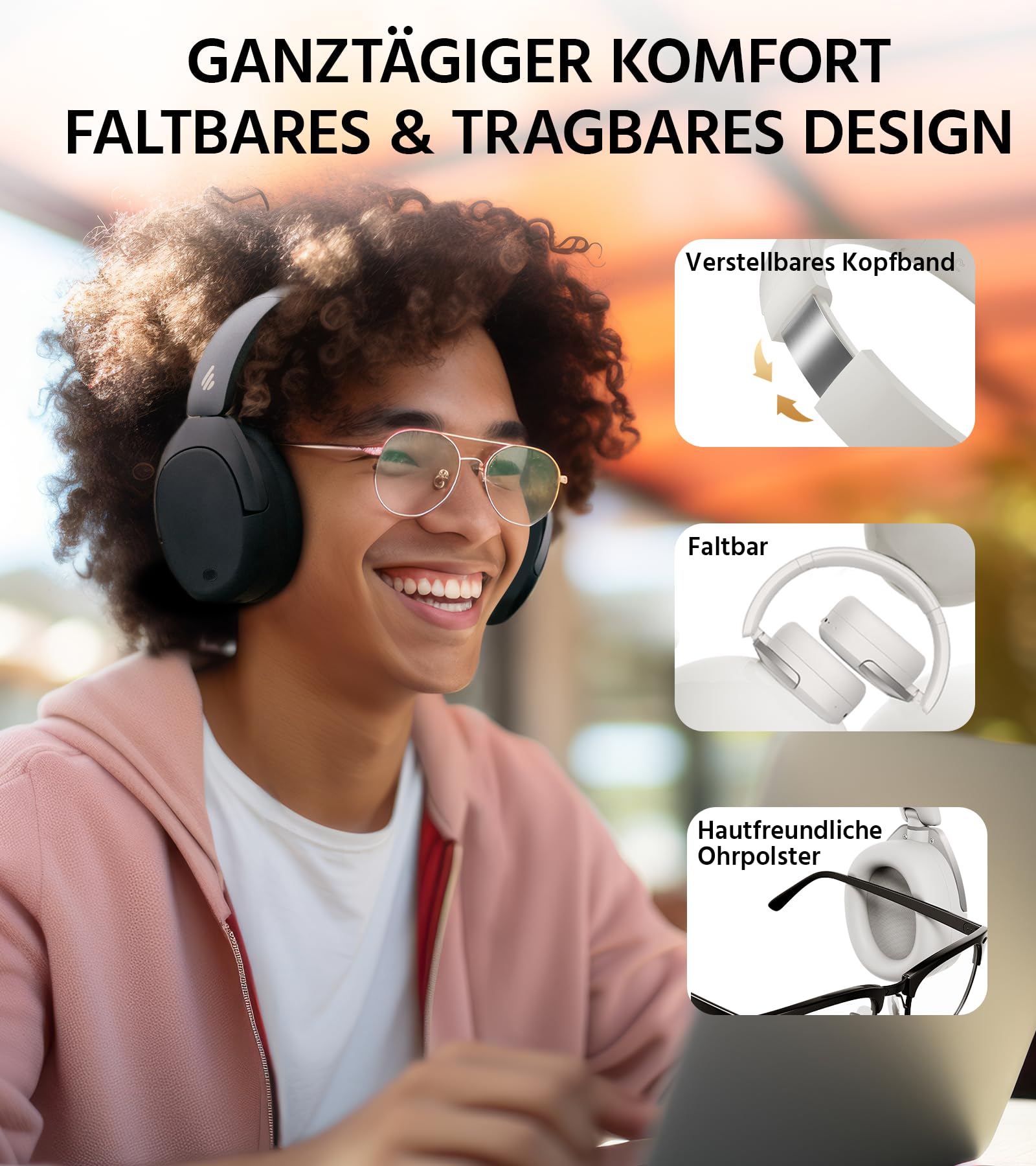 Edifier W830NB Wireless Over Ear Kopfhörer mit -45dB ANC, 94Std. AKKU, LDAC Hi-Res Sound, Spatial Audio, Schnellladung, Bluetooth V5.4 - Schwarz 7