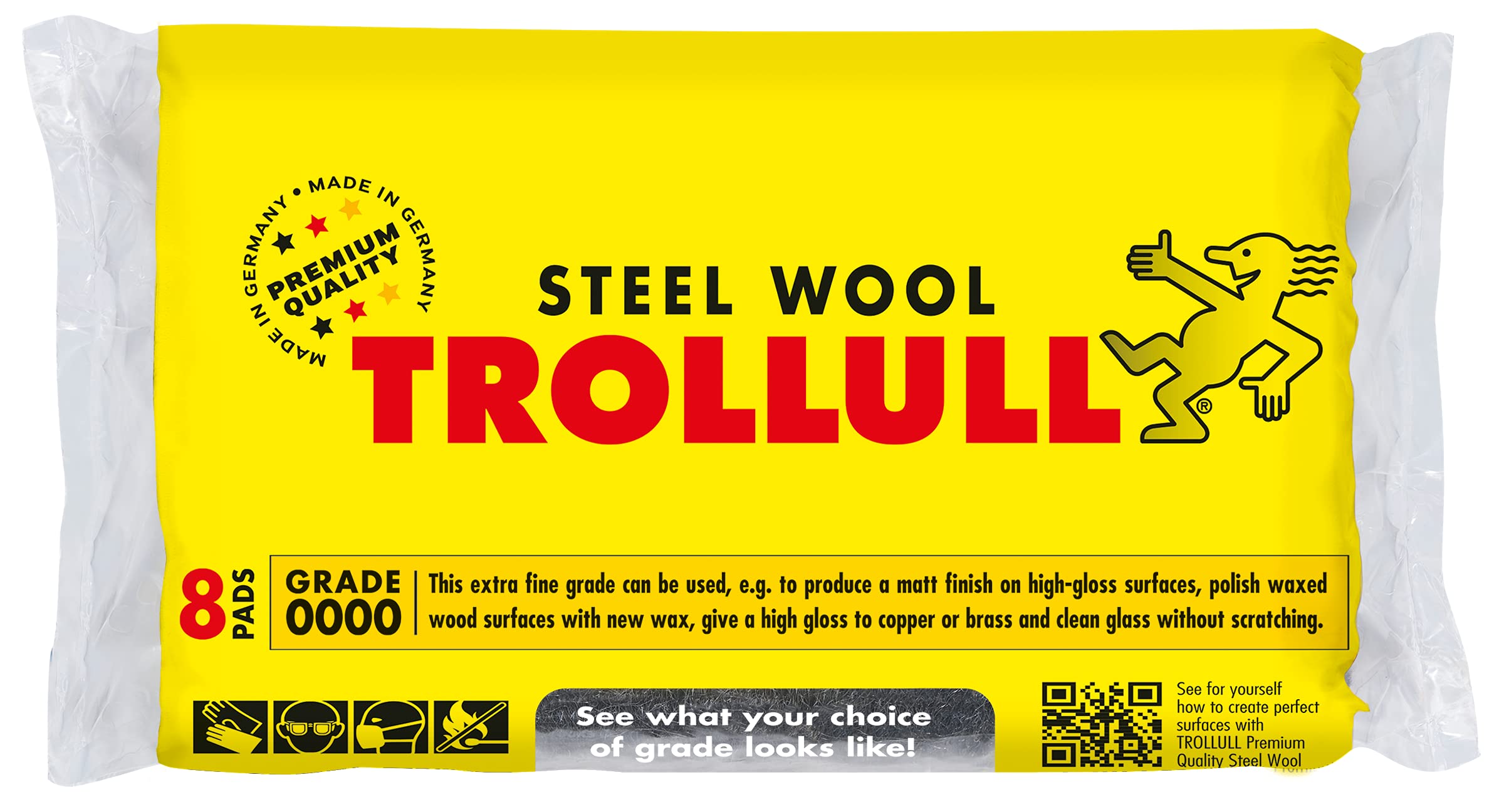 TROLLULL Steel Wool | Wire Wool extra-fine 0000 polishes waxed wood, copper, brass, and matt surfaces, cleans glass, 8 pads 200g