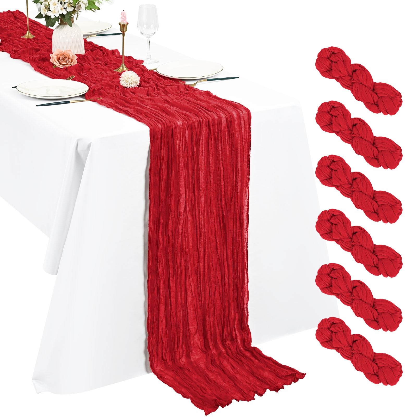 6 Pack Red Cheesecloth Table Runner, 10Ft Boho Gauze 21×120 Inch Rustic Romantic Long for Wedding Party Bridal Shower Thanksgiving Christmas Decoration